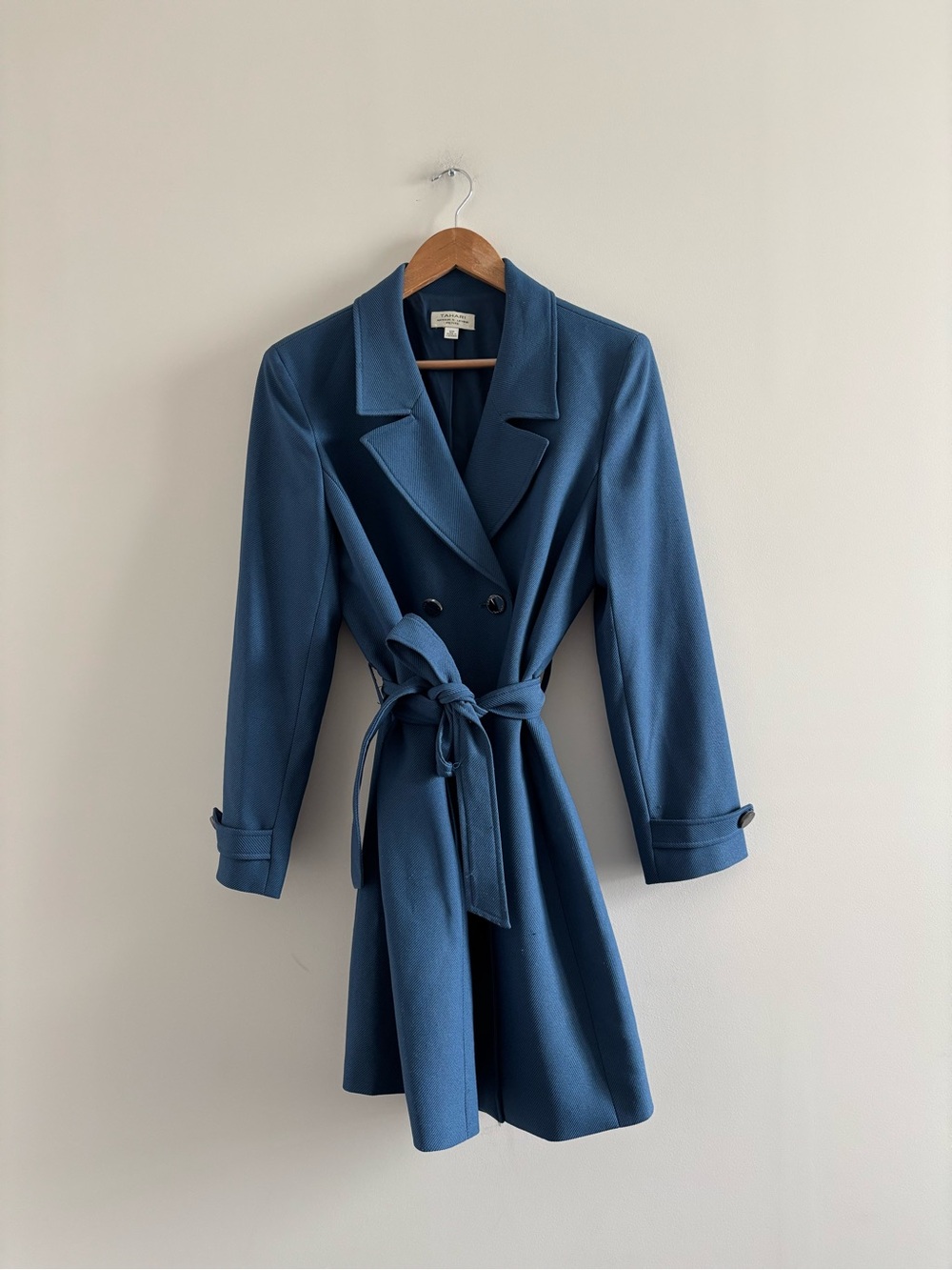 Vintage Tahari Arthur S Levine Trench Coat Blue Belted Womens 12P Classic Preppy